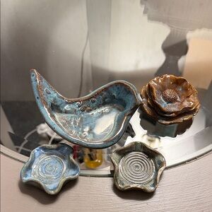 Handcrafted Ceramic Bird and Flower Dish Set - Blue and Brown